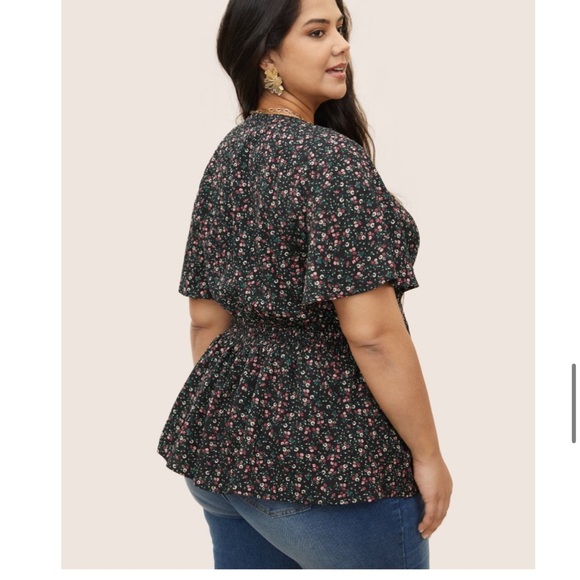 BloomChic Plus Size XL Plus Size Black Ditsy Floral Shirred Frill Trim Blouse - Picture 3 of 9